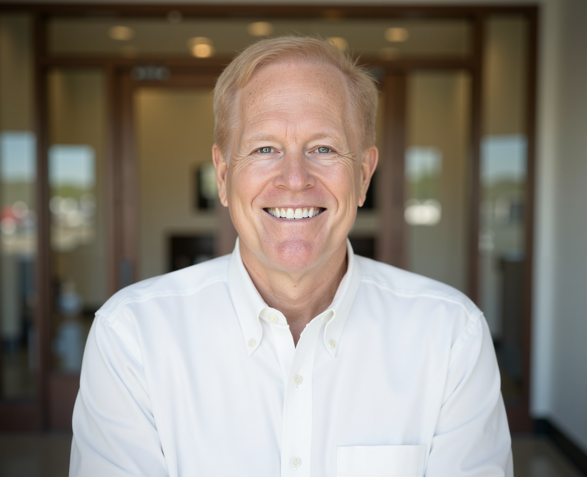 A person in a white shirt smiling in an office setting.