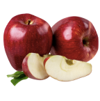 Three red apples with one cut in half, displaying juicy interior.