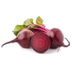 Fresh beets with leaves, one halved showing interior rings, on a white background.
