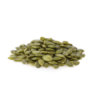 A pile of green pumpkin seeds on a white background.